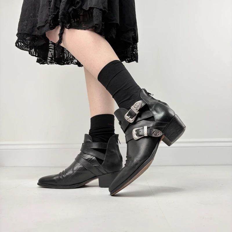 The Kooples black leather buckle western boho boots