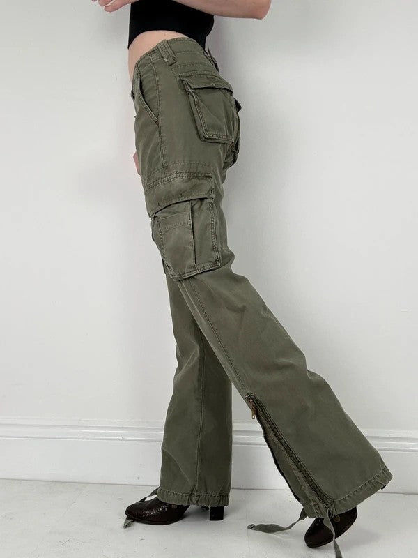 Low rise khaki flared cargo utility trousers