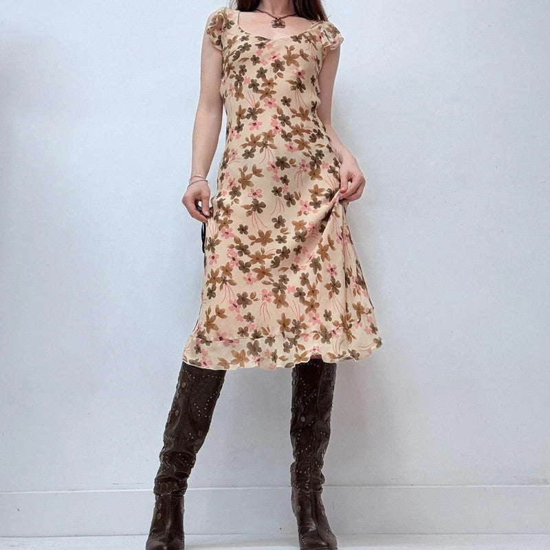 brown floral silk bias cut midi dress