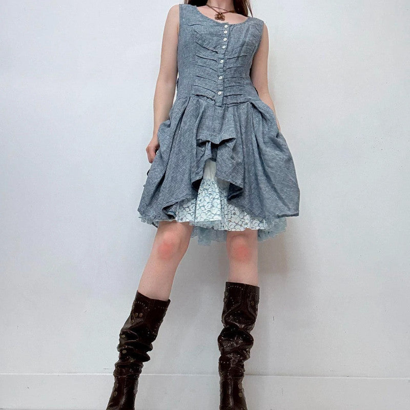 blue puff flared mini dress