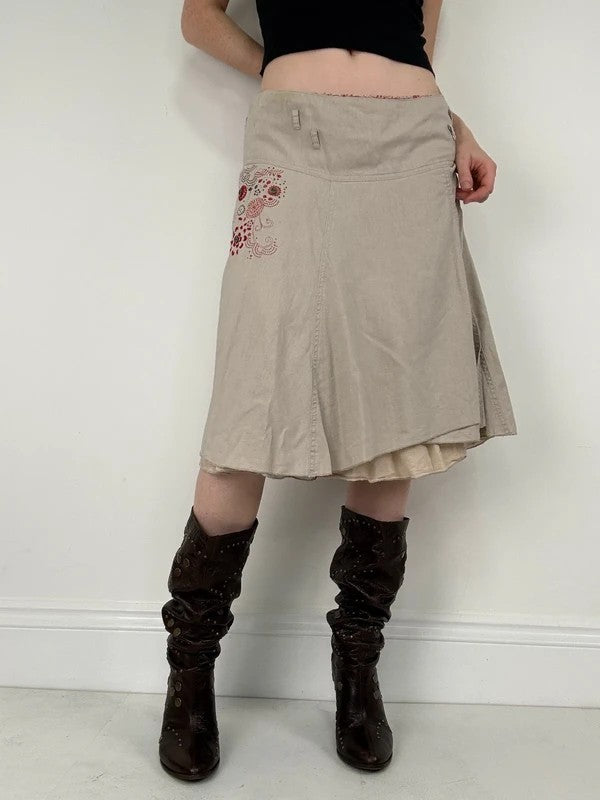 beige linen flared layered midi skirt