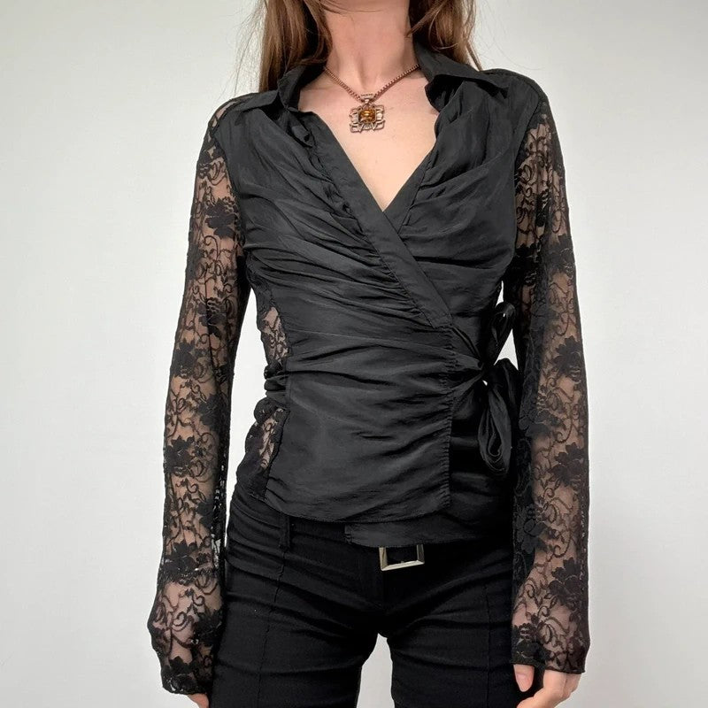 gathered lace wrap around shirt