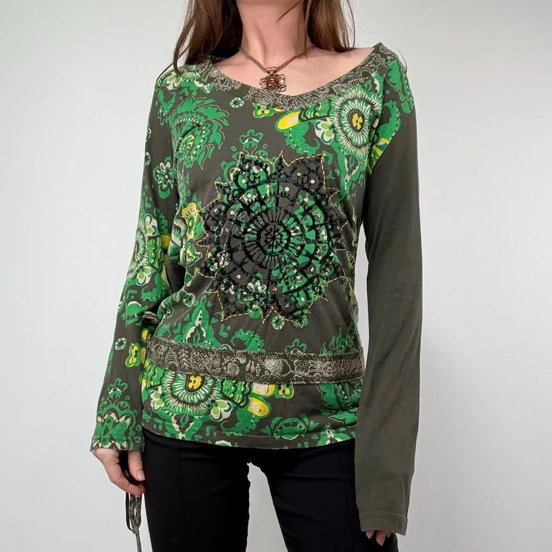 Khaki Paisley Boho Long Sleeve T-Shirt