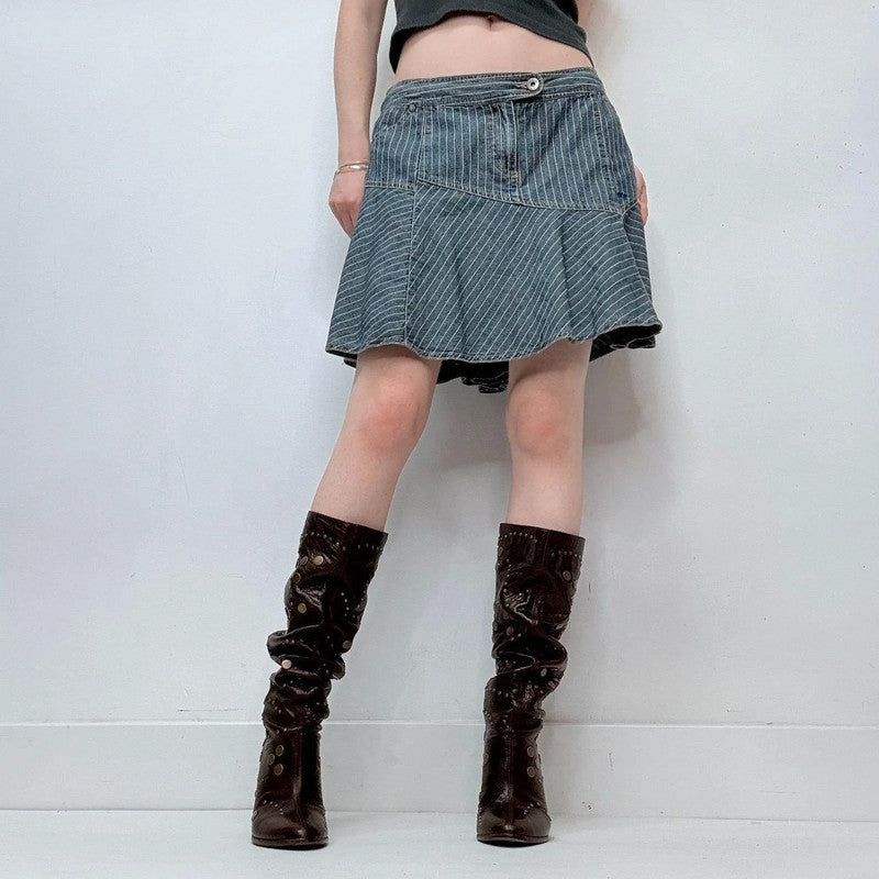 pinstripe denim midi skirt