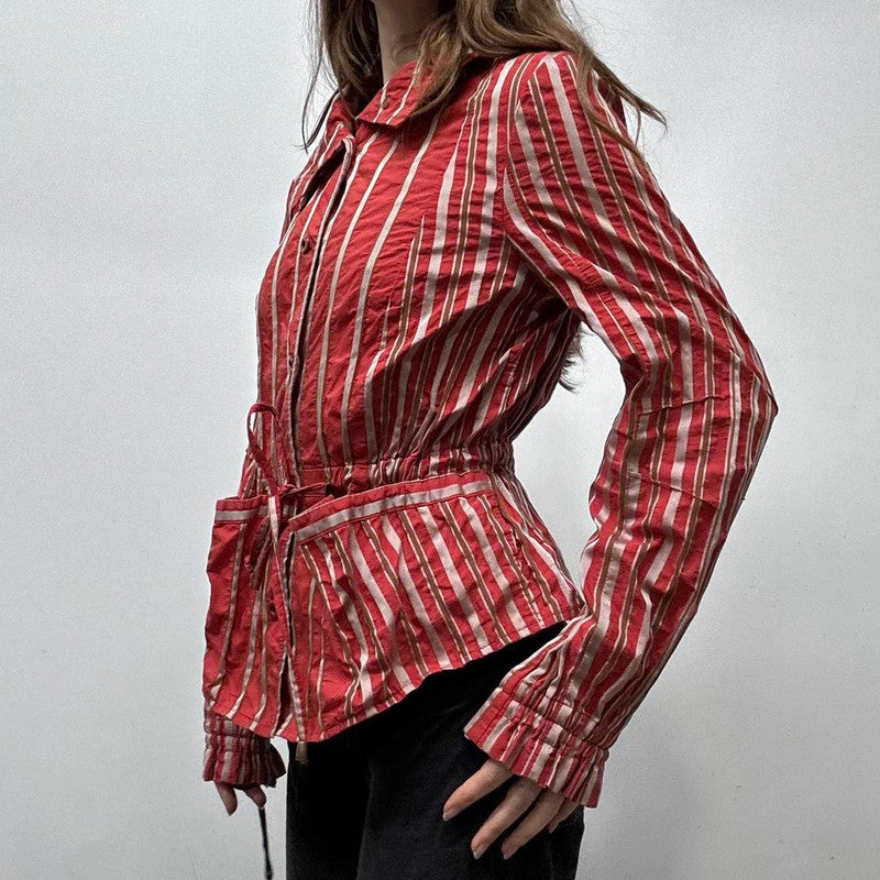 Red pinstripe fitted shirt jacket