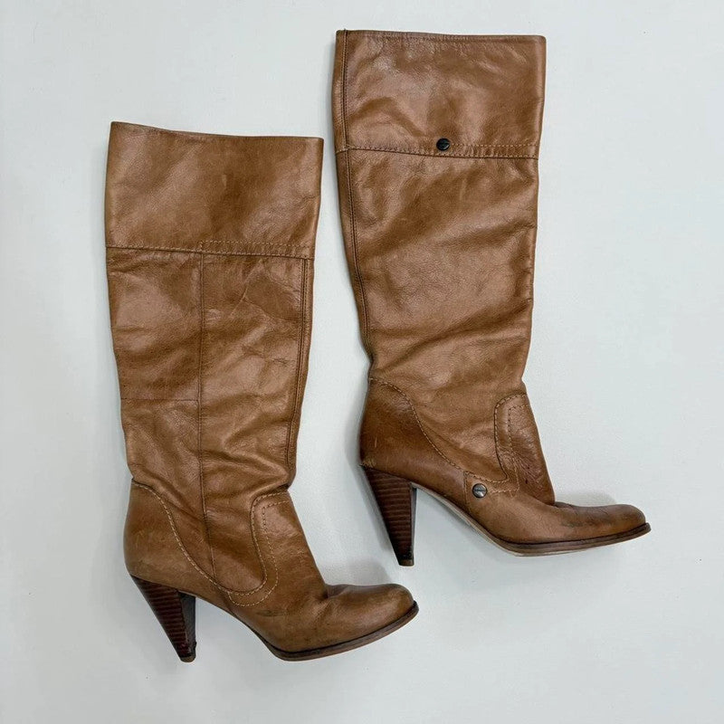 tan leather pointed toe heel boots
