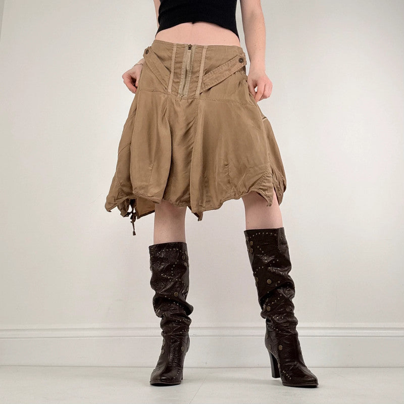 tan asymmetric drop waist utility skirt
