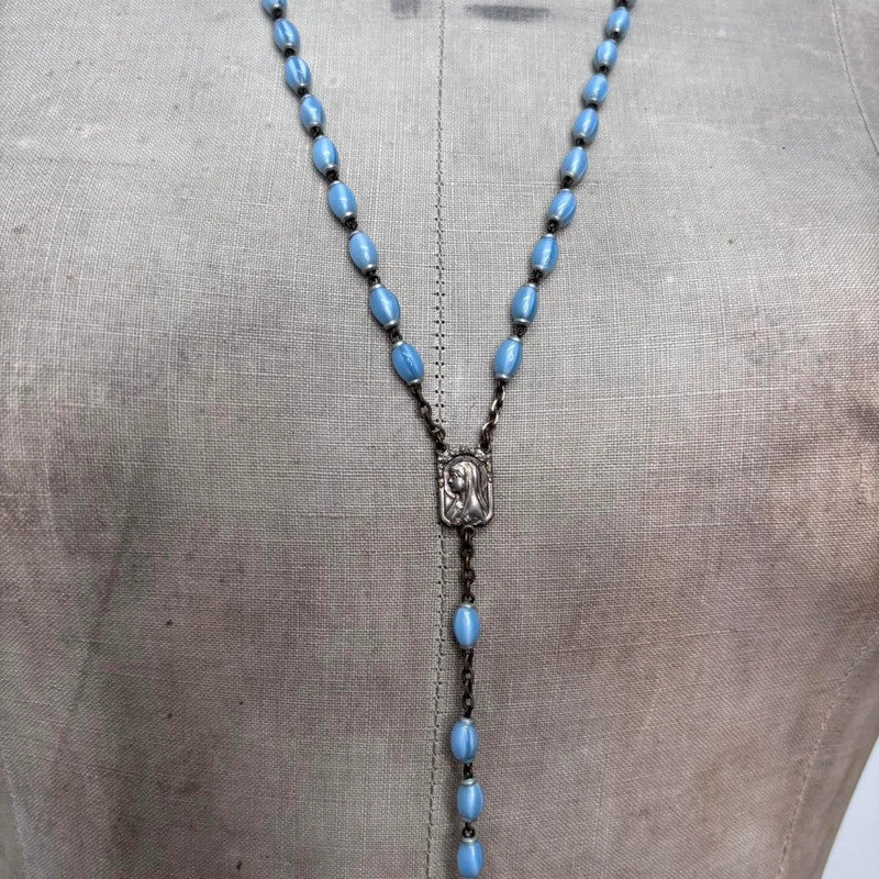 blue long rosary necklace