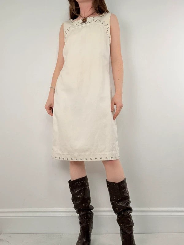 cream cotton linen a-line studded midi dress