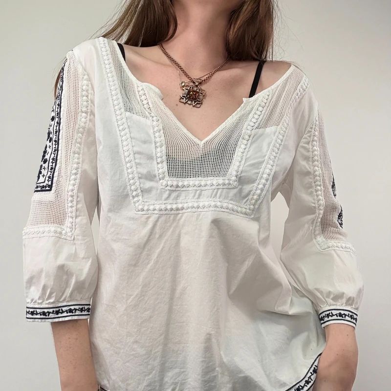 White Crochet Embroidered Cotton Blouse
