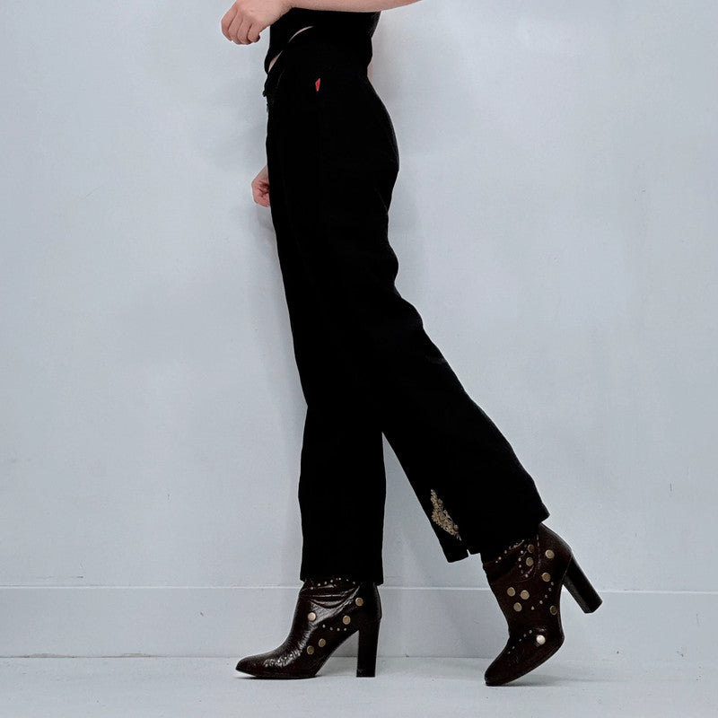 black linen wide leg embroidered trousers