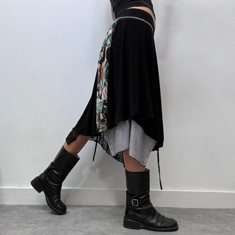 black pinstripe grunge asymmetric midi skirt