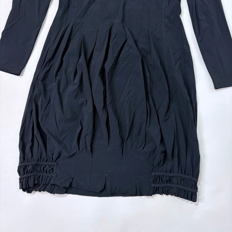 black long sleeve pleated puff midi dress