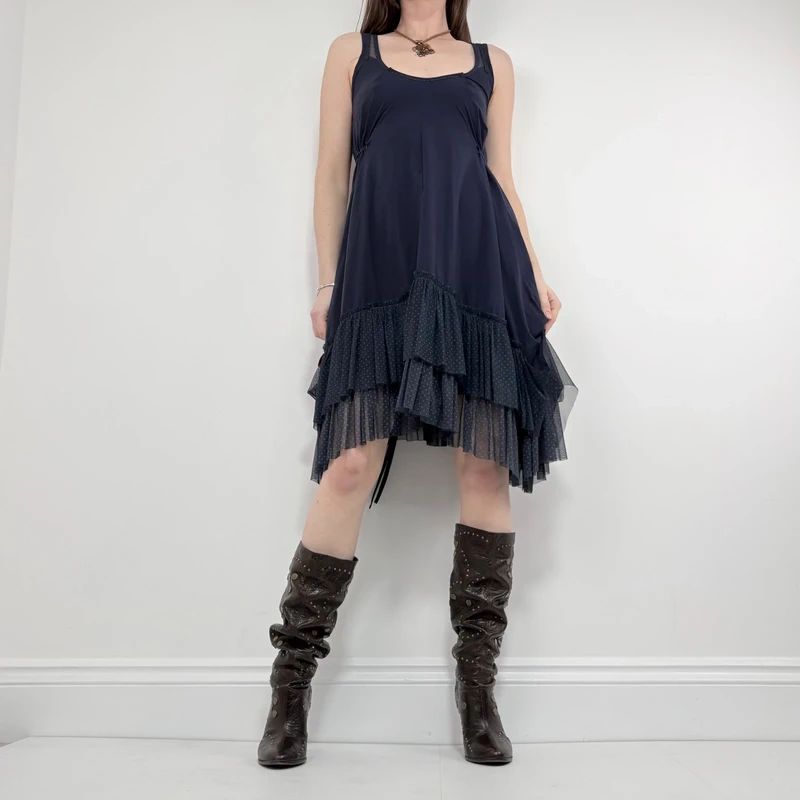 layered asymmetric tiered mesh midi dress