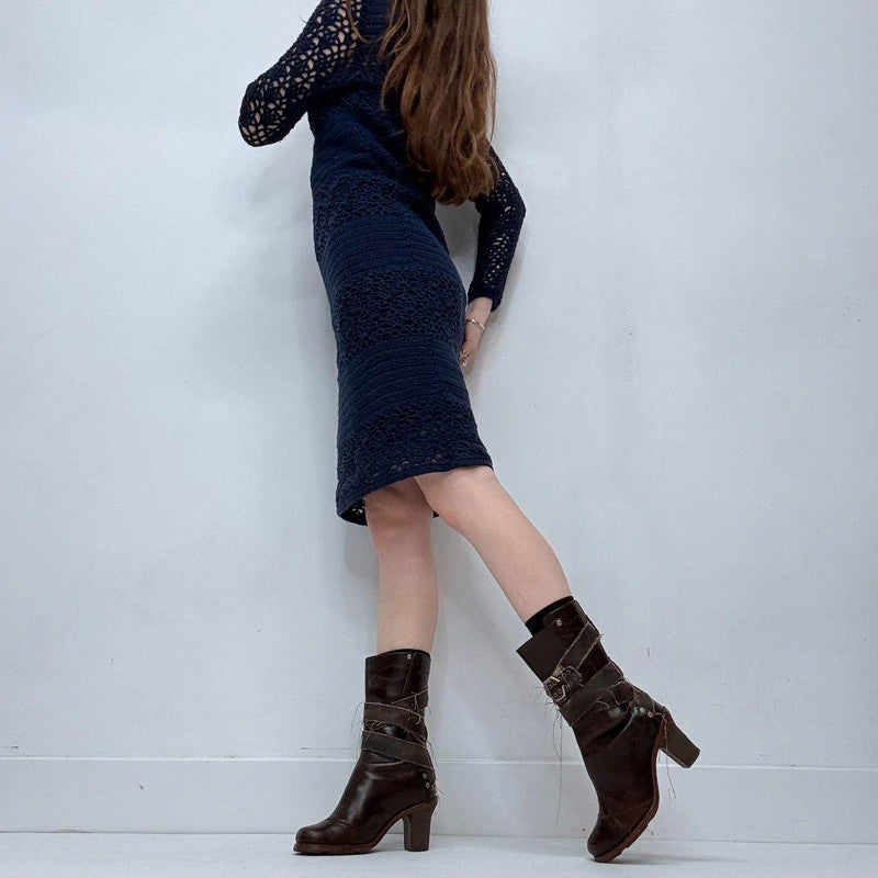navy crochet long sleeve midi dress