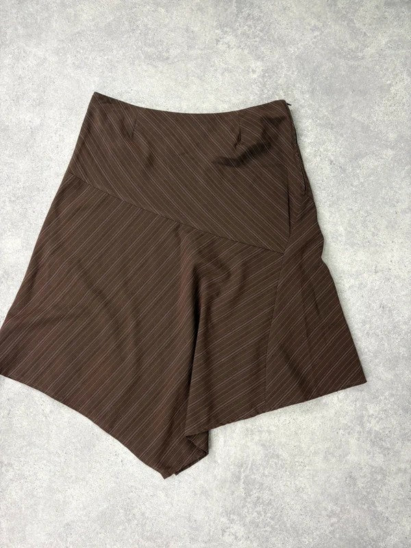Pinstripe brown asymmetric draped midi skirt