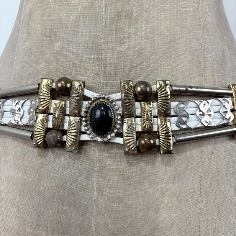 chunky metal boho white leather belt