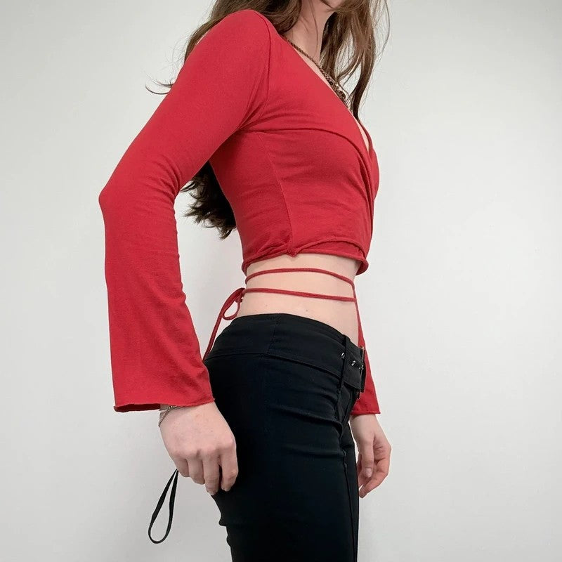 red jersey cropped ballerina wrap cardigan