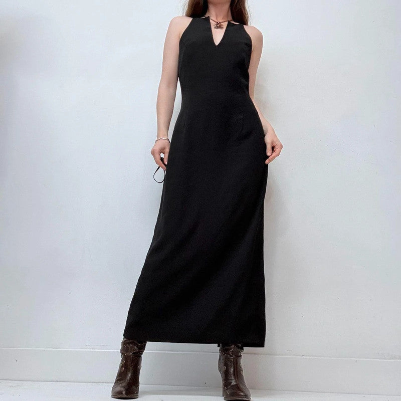 black a-line bias cut sleek 90s high neck dress