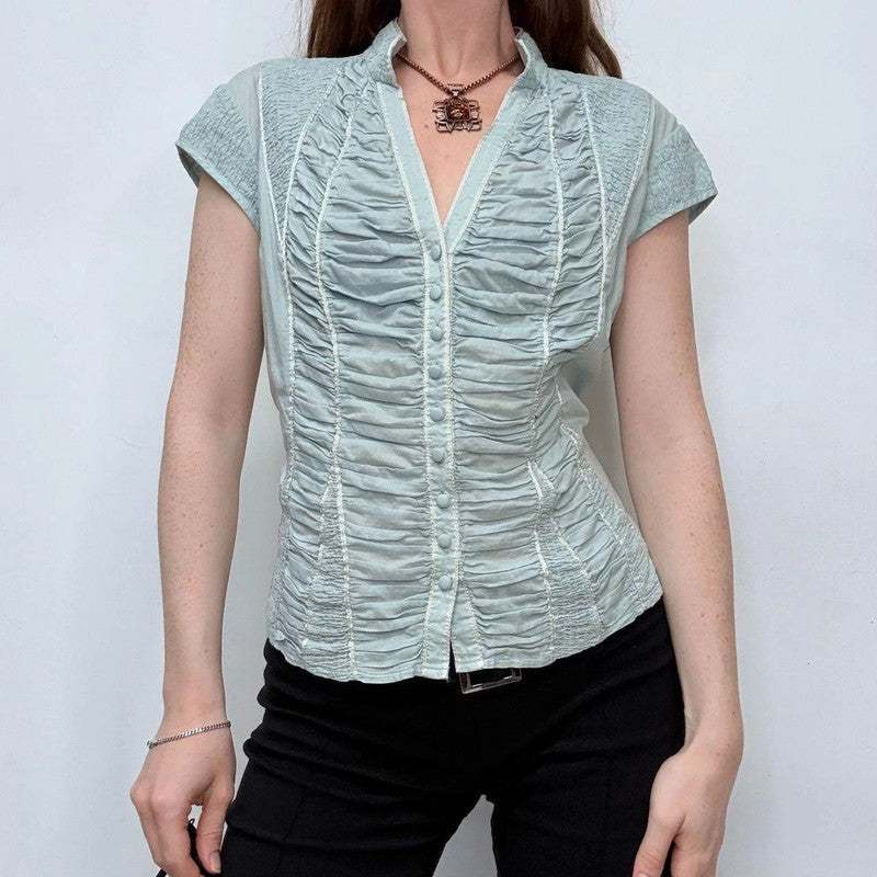 blue gathered cinched corset shirt