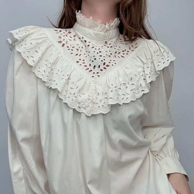 white cotton puff lace high neck shirt