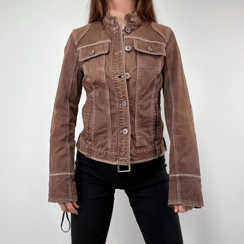 distressed brown cargo denim jacket