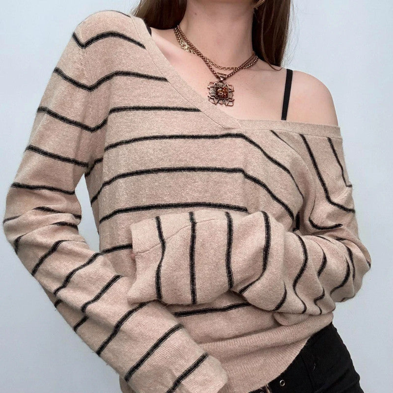 tan pinstripe wide neck slouchy jumper