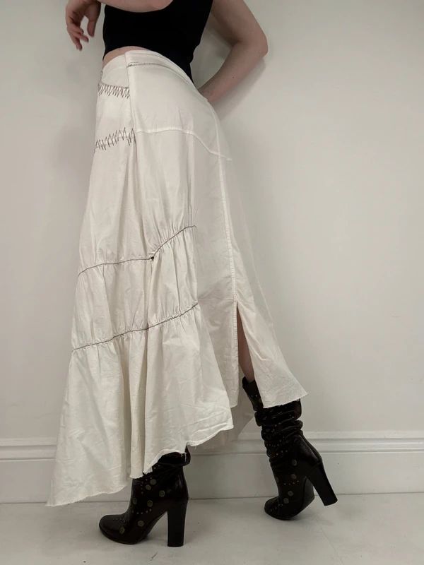 pleated white asymmetric flared maxi skirt