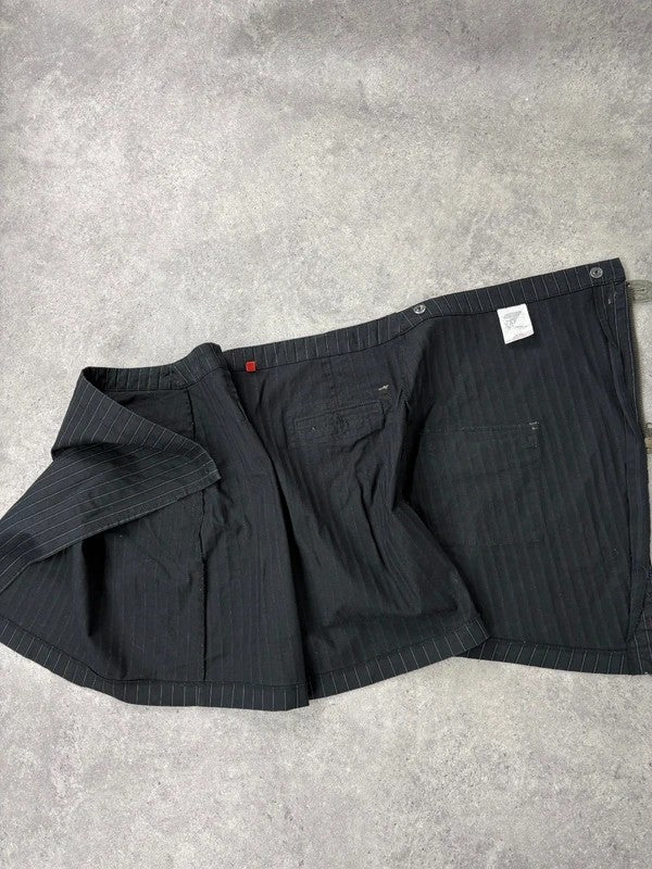 asymmetric deconstructed black pinstripe midi skirt