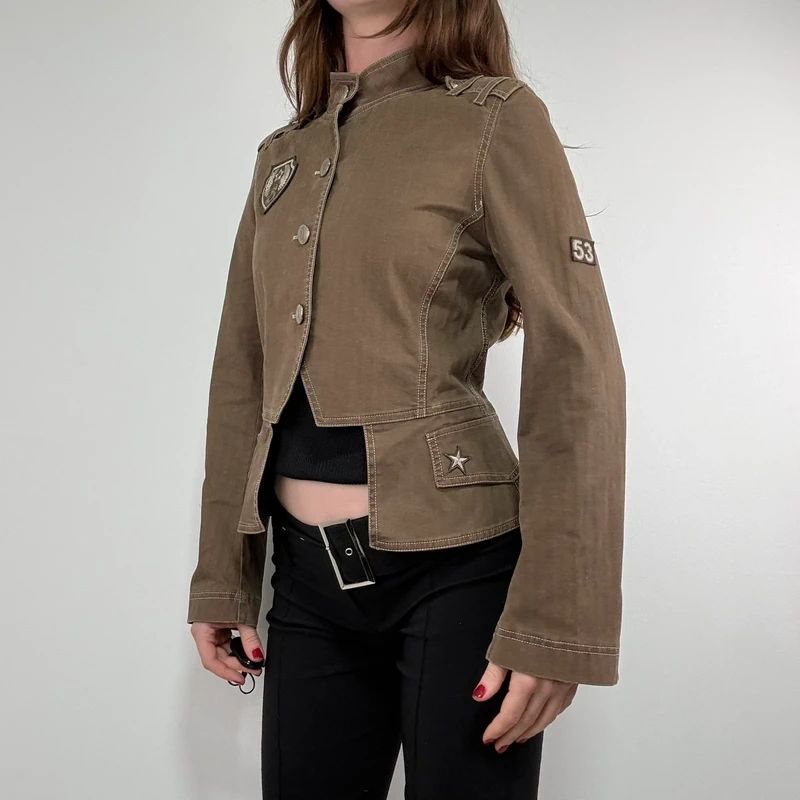 Khaki asymmetric fitted military jacket
