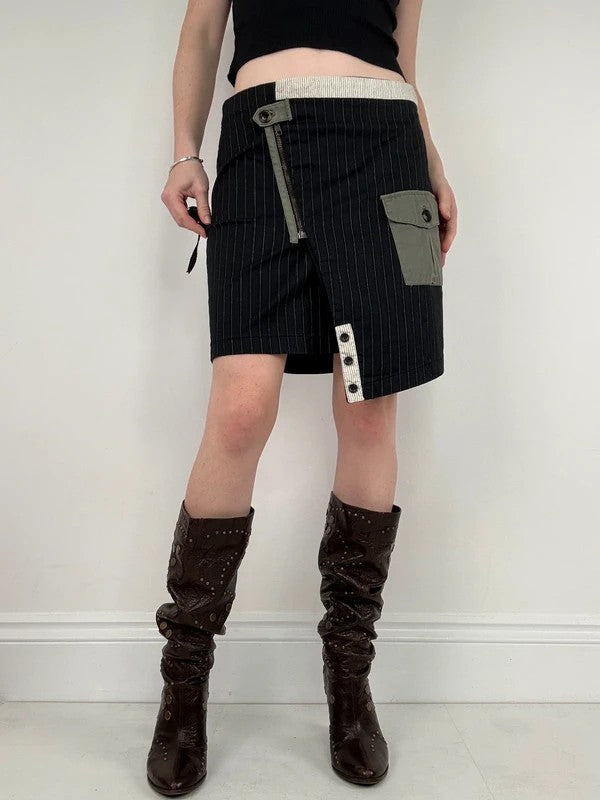 asymmetric deconstructed black pinstripe midi skirt