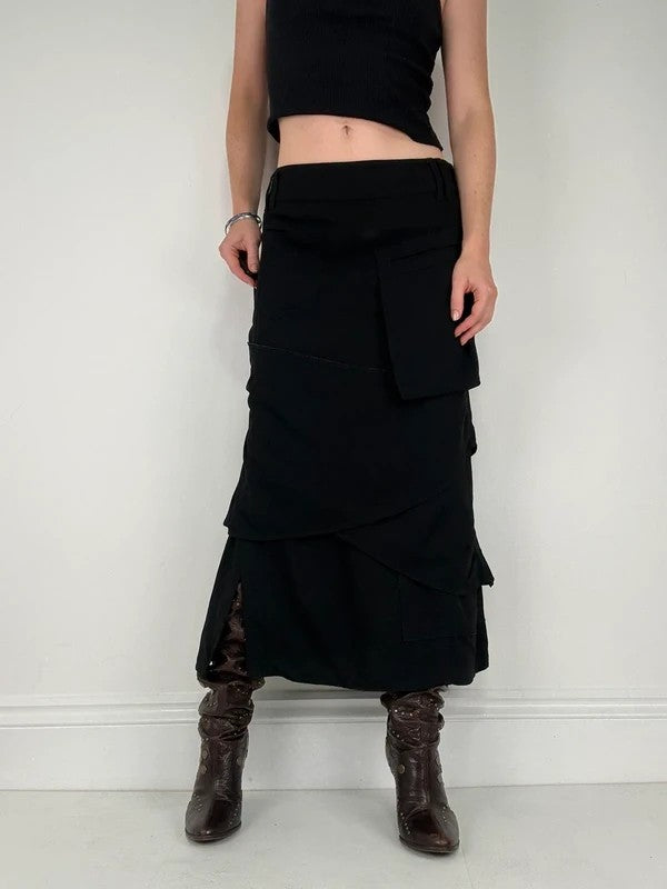 Black layered french flared asymmetric maxi skirt