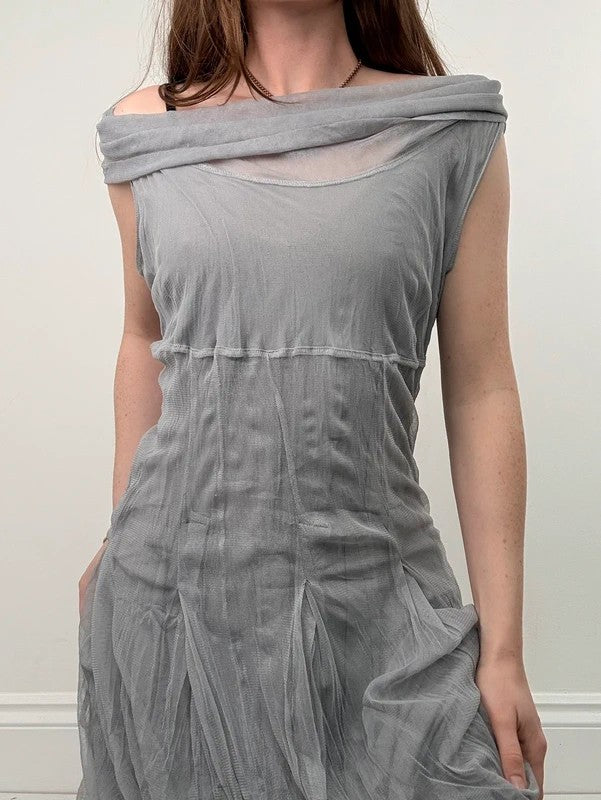 grey gathered slouchy puff midi dress