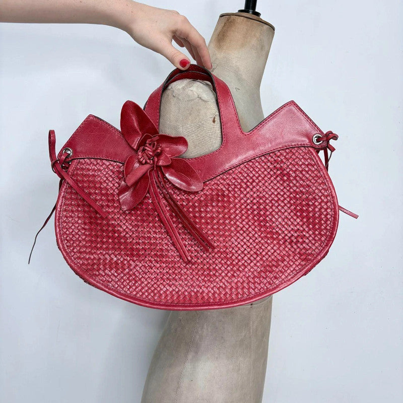 woven red leather flower bag