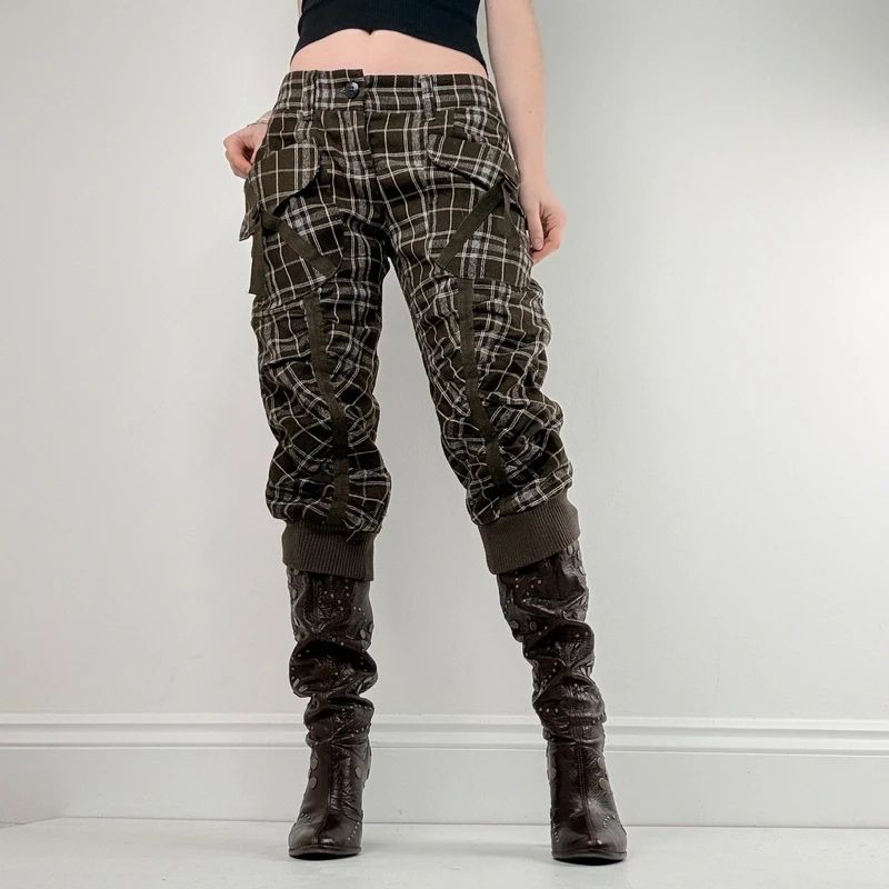 khaki tartan puff cinched capri trousers