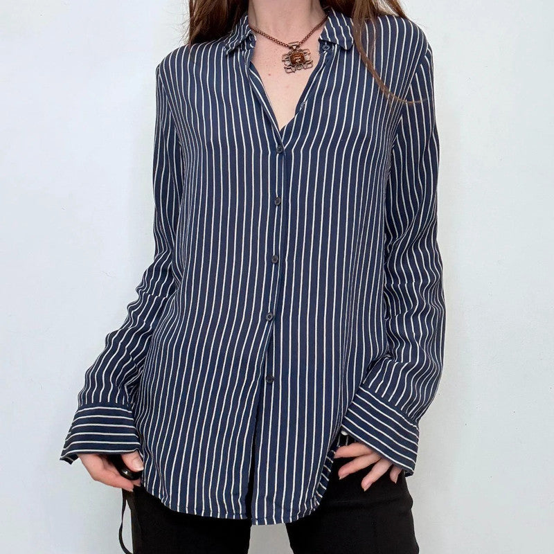 navy and white striped 100% silk shirt