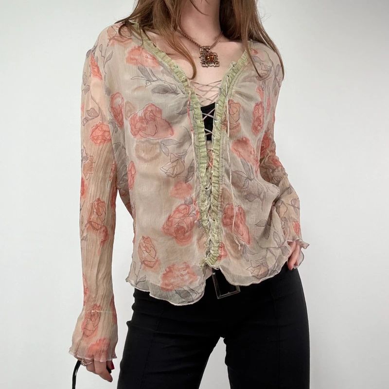 Sheer Crinkle Floral Lace-Up Fairy Shirt