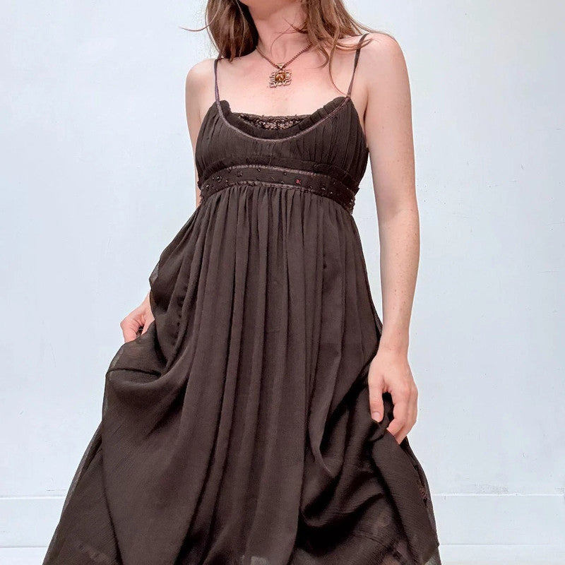 brown crinkle pleated maxi dress