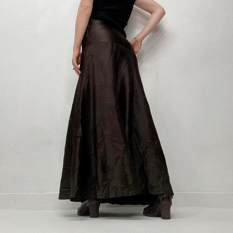 brown flared satin maxi skirt