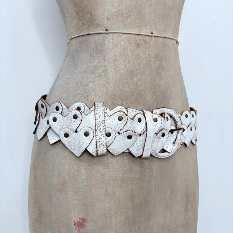 Distressed white leather heart link belt