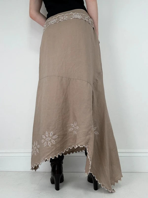 Beige linen boho western asymmetrical flared maxi skirt