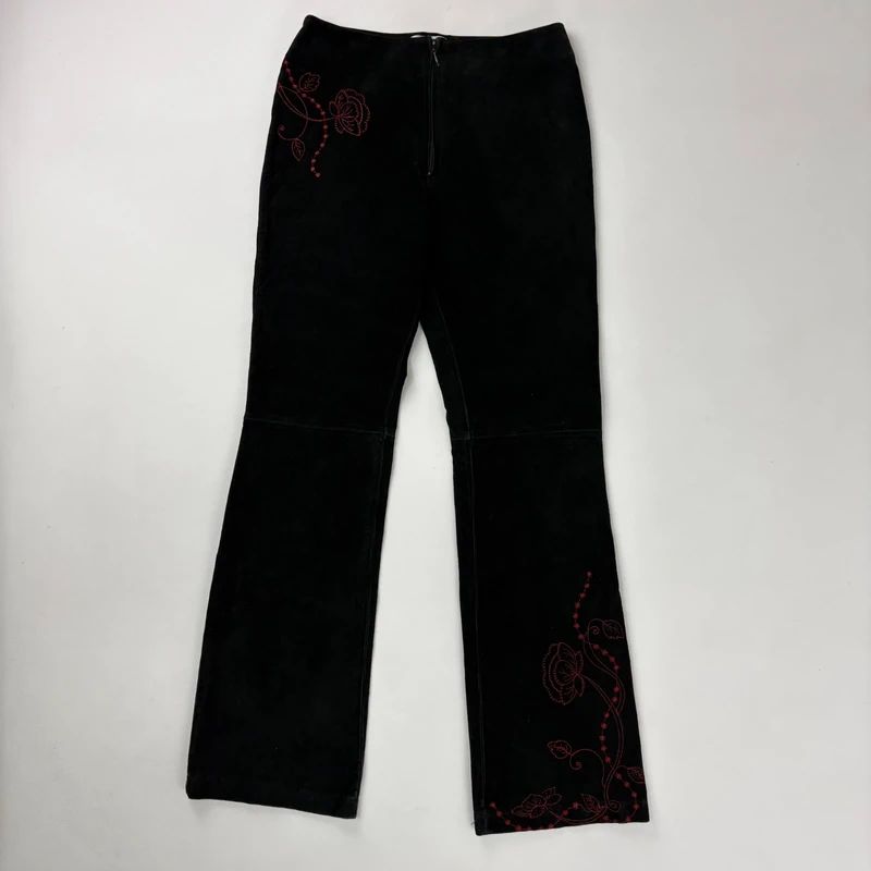 black suede embroidery flared trousers