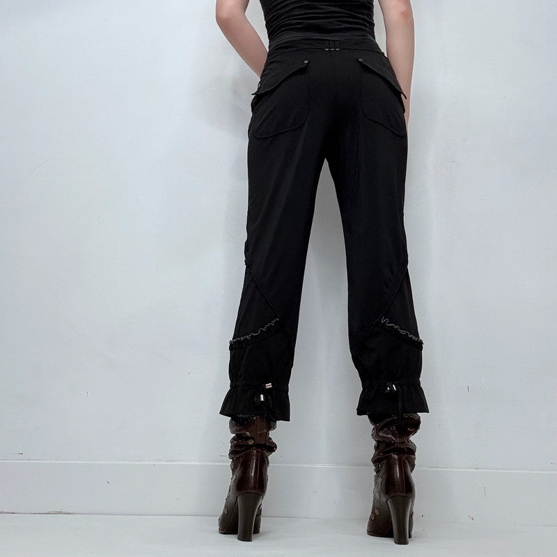 black grunge gothic cinched style ruffle capri pants