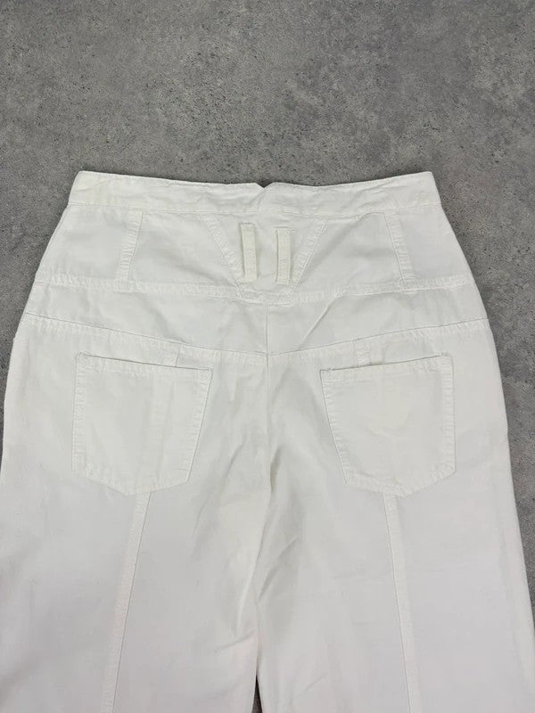white flared wide leg button front cotton trousers