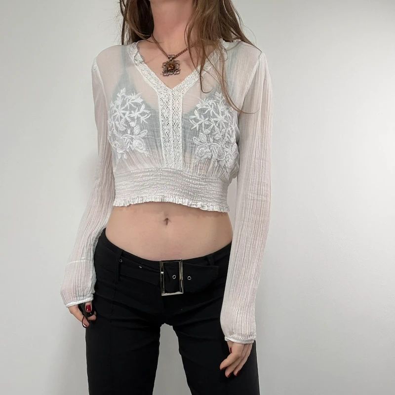 white cotton floral embroidered blouse