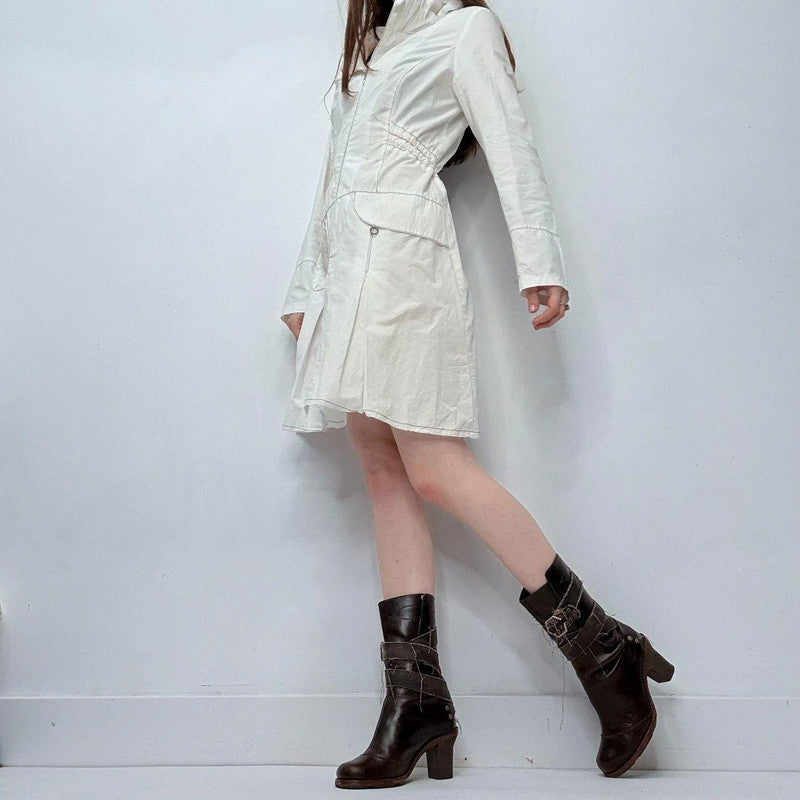 white flared structured zip-up dress