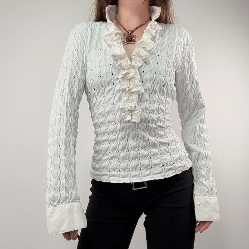 textured white fitted ruffle shirt