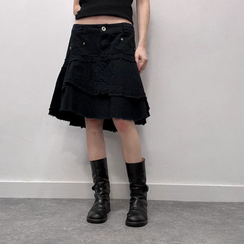 navy distressed midi skirt
