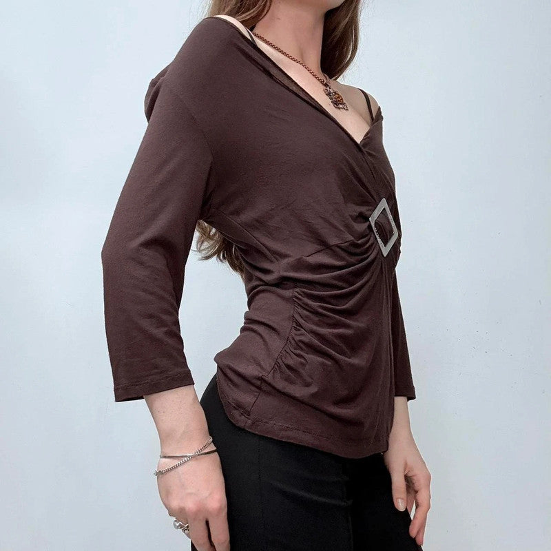 brown draped slouchy off the shoulder top