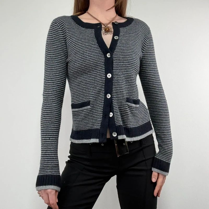 navy pinstripe button up cardigan crewneck